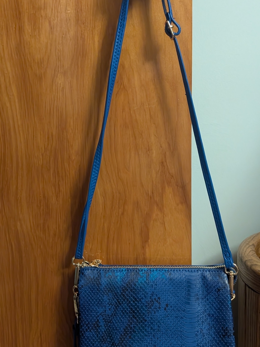 Textured Teal-Blue Crossbody Bag with Adjustable Strap